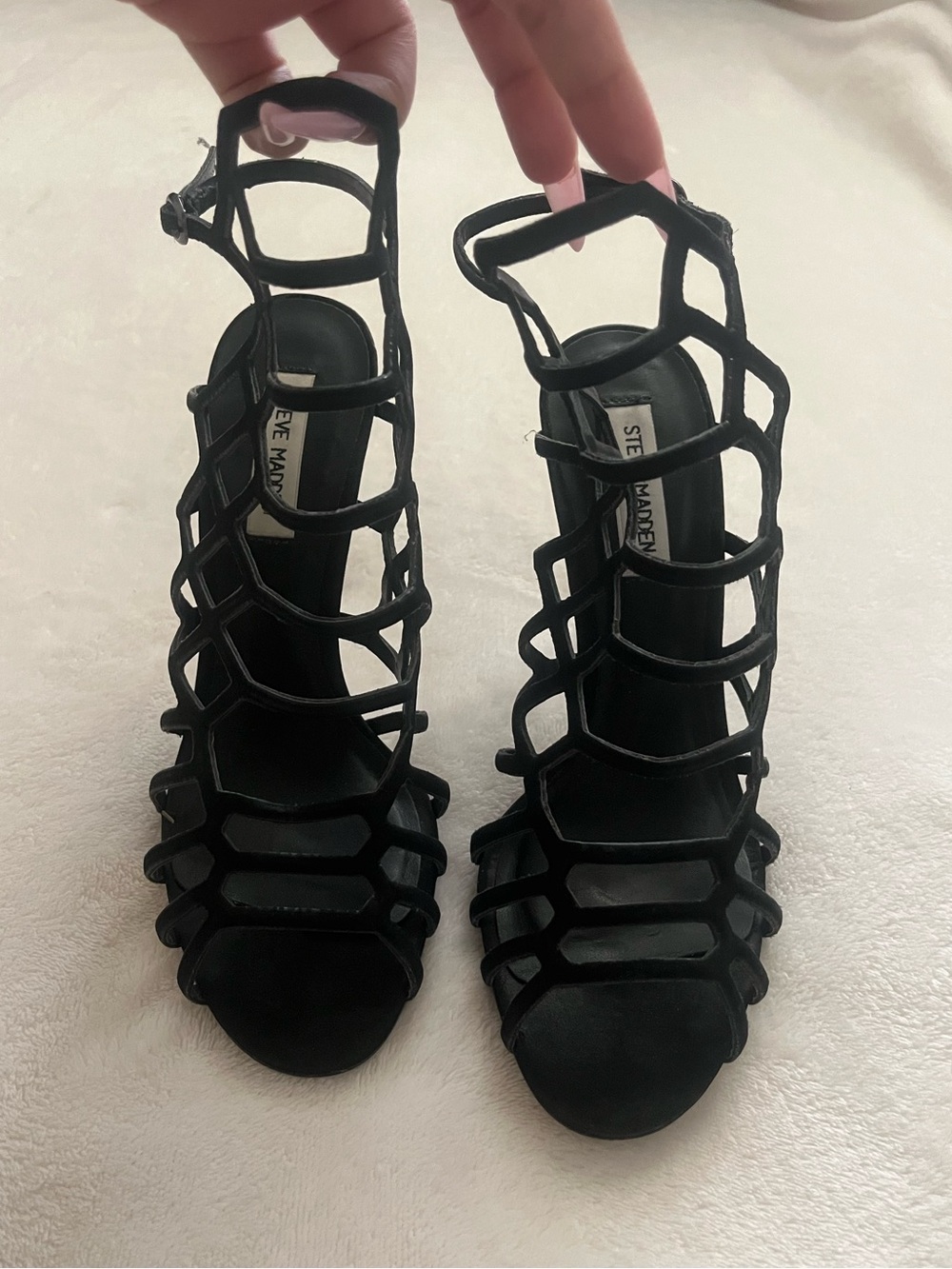 Steve Madden Black Slithur Caged Stiletto Heel